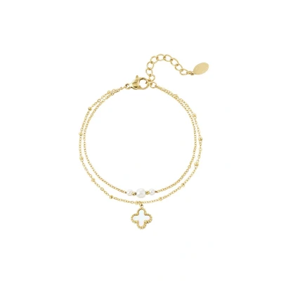 Afbeelding van Bijoutheek Armband (Sieraad) Klaver Schelp Parels Goud