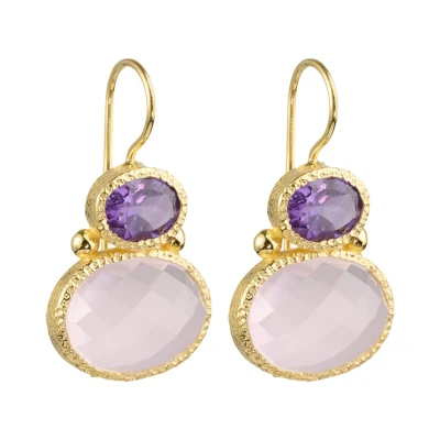 Afbeelding van Double gems oorbellen goud amethist roze chalcedoon