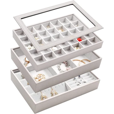 Afbeelding van Sieradendoosje met 3 niveaus, sieradendoos glazen deksel, lade organizer, grote sieradendoos, stapelbaar, PU lederen sieradenorganizer, cadeau voor je geliefden, grijs