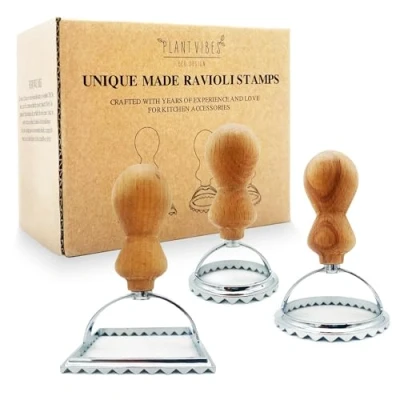 Afbeelding van Plantvibes ravioli uitstekers in 3 delige set, prachtige vormen met houten handvat, stempel en raviolisnijder