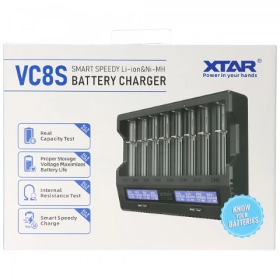 Afbeelding van XTAR VC8S 8 voudige snellader voor 1 Li Ion 3,6V en 3,7V batterijen NiMH 1,2V batterijen, USB C oplaadpoort, max. 8A totaal vermogen