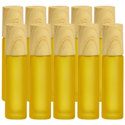 Afbeelding van Frosted glazen etherische olie roller flessen, 10 stuks gele matte flessen met houtnerf dop &amp; roestvrij stalen ballen olie, ml lege parfumflessen (geel)