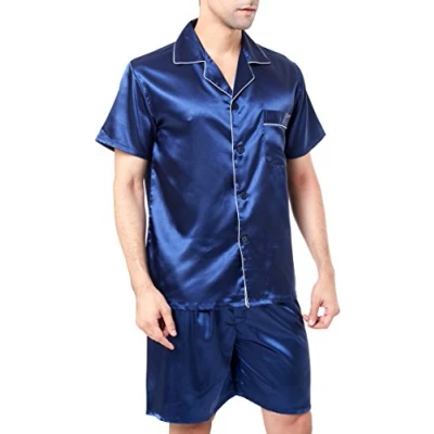 Afbeelding van Satijnen pyjamaset met korte mouwen voor heren, Marineblauw witte bies, L