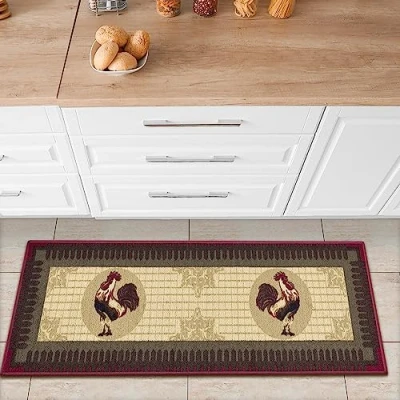 Afbeelding van Machine wasbaar haan ontwerp, antislip rubberback 2 x 5 keukenloper, tapijt voor keuken, gang, bar, 20 59 cm, beige/rood