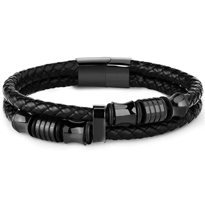 Afbeelding van Victorious Leren Armband Heren RVS Roestvrijstaal Sluiting Zwart 19.5cm