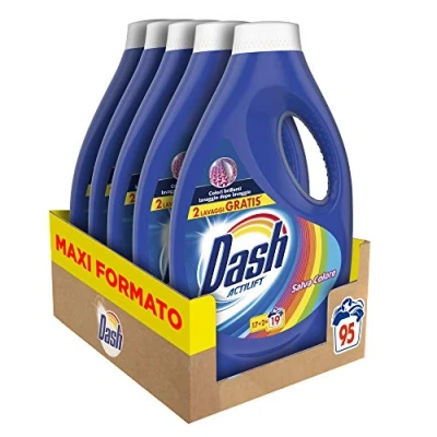 Afbeelding van Dash Vloeibaar wasmiddel, 95 wasbeurten (5 x 19), speciaal voor gekleurde kledingstukken, maxi formaat, dieptereiniging alle kledingstukken