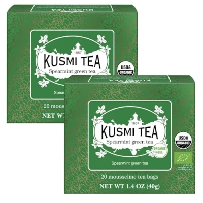 Afbeelding van Kusmi Tea Biologische Groene Thee met Munt Om warm of als ijsthee te drinken Traditionele dorstlessende drank Echte muntblaadjes Set van 2 dozen 2x20 Mousseline theezakjes