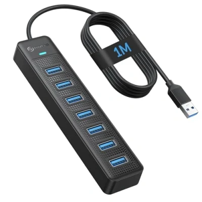 Afbeelding van PHIXERO 7 poorts USB hub, 100 cm lange kabel, 3.0 verdeler adapter, Super Speed 5 Gbps gegevenshub, compatibel met alle poort apparaten