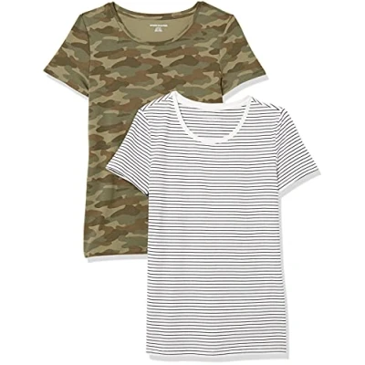 Afbeelding van Amazon Essentials Women&#039;s T shirt met korte mouwen en ronde hals in klassieke pasvorm, Pack of 2, Olijfgroen Camo/Wit Streep, L