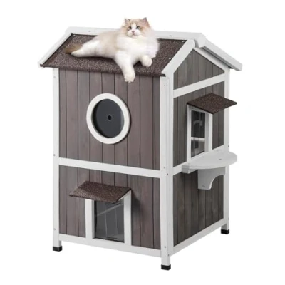 Afbeelding van VEVOR Kattenhuis Cat Cave Kattenhut Hout Buiten Asfalt Dak 590x650x920mm