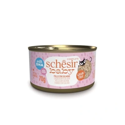 Afbeelding van Schesir Baby, smaak kip en zalm, compleet natvoer voor kittens met DHA taurine (12 blikjes à 70 g)