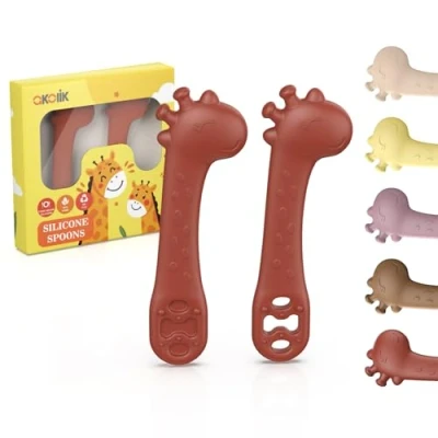 Afbeelding van akolik Siliconen leerlepel voor baby&#039;s, 2 stuks giraffen starterset, paplepels, BPA vrij, voederlepel en tandhulp baby&#039;s peuters, zuigelingen vanaf 4 maanden