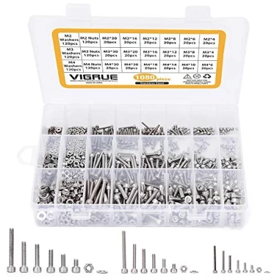 Afbeelding van VIGRUE 1080 stuks M2 M3 M4 cilinderbouten met binnenzeskant schroefdraadbouten, assortiment moeren, sluitringen en inbussleutels van roestvrij staal in opbergdoos