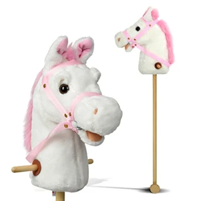 Afbeelding van Pink Papaya Steekpaard, Lilly, schattig speelgoed paard van pluche met geluidsfunctie: gehaai en galopgeluid kleur: wit roze manen