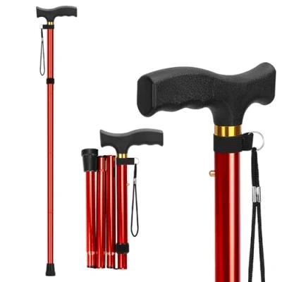 Afbeelding van supregear Opvouwbare Wandelstok, Lichtgewicht 5 Niveaus Verstelbare Stok met Polsband en T Handvat, Reiswandelstok voor Ouderen Gehandicapte Mannen Vrouwen, Balanceringshulpmiddel, Rood