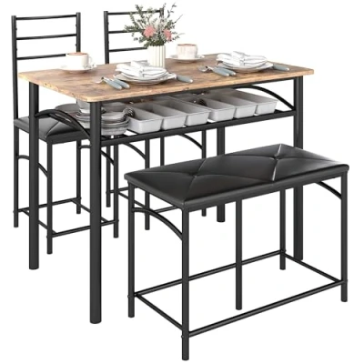 Afbeelding van HOMCOM 4 tlg. Essgruppe, Esstisch mit 2 Stühlen, Bank, Platzsparende Esszimmergruppe, Set für kleine Räume, Küche, Esszimmer, Braun