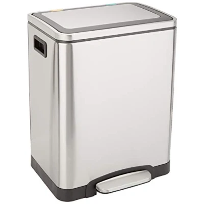 Afbeelding van Amazon Basics Afvalbak, twee compartimenten, rechthoekig, met roestvrijstalen voetpedaal, softclose mechanisme, voor thuis en op kantoor, 30 liter (2 x 15 liter), satijnlook