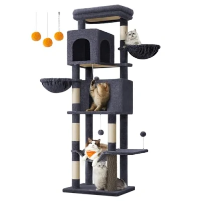 Afbeelding van Feandrea grote krabpaal, 175 cm hoog, XL, kattenboom met meerdere verdiepingen 2 grotten, ligstoelen, 5 krabpalen, kattenborstel, groot platform, donkergrijs PCT182G02