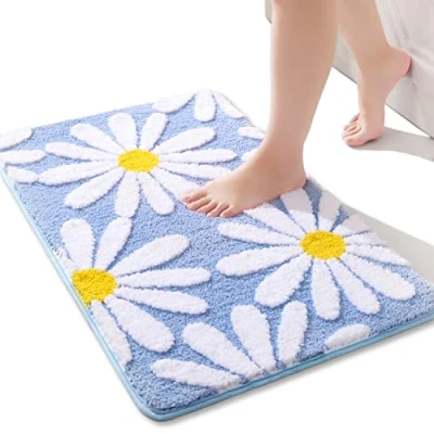 Afbeelding van QJHOMO Blauw badkamertapijt, schattige madeliefjes, badmat, antislip, wasbaar, witte en gele bloem, zachte douchemat, absorberend, 40 x 60 cm