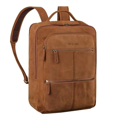 Afbeelding van STILORD &#039;Coryo&#039; Leren Laptop Rugtas 17 inch Groot &amp; Stylish Business Backpack voor Mannen en Vrouwen Moderne Lederen Rugzak Werk van Echt Leer, Kleur:tan donker bruin