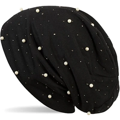 Afbeelding van styleBREAKER muts met parels en strass studs, slouch longbeanie, dames 04024140, Farbe:Zwart