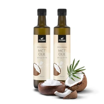 Afbeelding van FOODIN MCT Olie 1000 ml (2 x 500 ml) van 100% kokosolie, multi chain triglyceriden (MCT) olie, gemaakt geproduceerde kokosnoot, glutenvrij en veganistisch, ideaal voor ketogene voeding