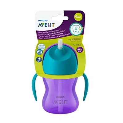 Afbeelding van Philips Avent Rietjesbeker 200 ml Afsluitventiel en klikdeksel Eenvoudig te monteren Vaatwasmachinebestendig 9m+ Paars met blauw SCF796/02