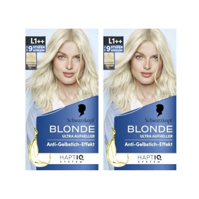 Afbeelding van Schwarzkopf Blonde L1++ Whitender, 2 x 143 ml, haarkleurmiddel voor olie geactiveerd haar, lichter maken met HaptIQ systeem, maximaal 9 niveaus zonder geelheid