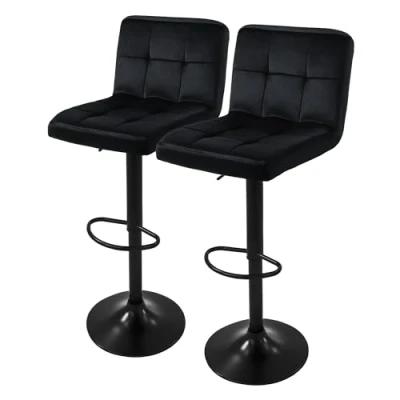 Afbeelding van Barkruk set van 2 zwart fluwelen bekleding met rugleuning en voetensteun in hoogte verstelbaar 63 83cm ML Design