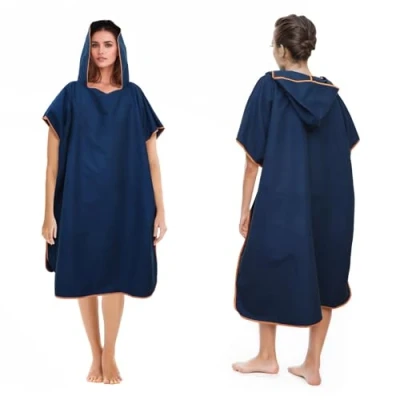 Afbeelding van Badponcho voor dames en heren, poncho handdoek, microvezel surf poncho, lange omkleedhulp met capuchon heren dames, ideale handdoek strand, branding, surfen (donkerblauw)