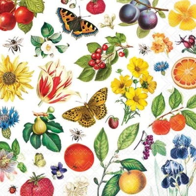 Afbeelding van 20 servetten bloemen elementen van de natuur als tafeldecoratie. Papieren met motief. Ook voor decoupage en servettechniek 33x33cm