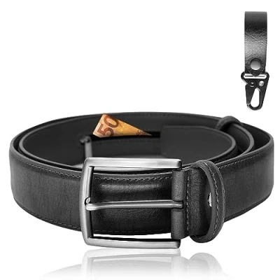 Afbeelding van BLAINDERS Diefstalbestendige reisgordel van leer met portemonnee voor dames en heren, geschikt alle taille, inclusief leren karabijnhaak als cadeau., Zwart, L