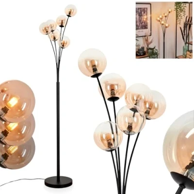 Afbeelding van staande lamp Bernado, van metaal/glas in zwart/barnsteen/helder, modern retro/vintage design met glazen kap (Ø 12 cm), dimbaar via voetschakelaar, 6 x G9, zonder lampen