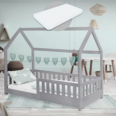 Afbeelding van Kinderbed met uitvalbeveiliging lattenbodem en dak 80x160 cm Lichtgrijs grenenhout ML Design