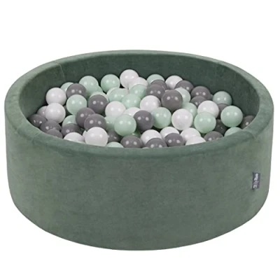 Afbeelding van KiddyMoon rond ballenbad fluwelen 90x30cm/300 ballen ∅ 7cm ballenbakken voor baby&#039;s speelbad peuters, made in eu, bosgroen: wit/grijs/mint