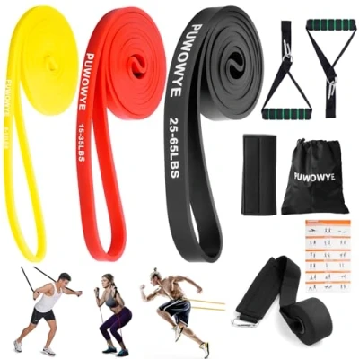 Afbeelding van Weerstandsbandenset, 3 verschillende niveaus fitnessbanden met deuranker, handgrepen, beschermhoes, draagtas en trainingshandleiding, weerstandsbanden voor fitness/yoga/krachttraining mannen