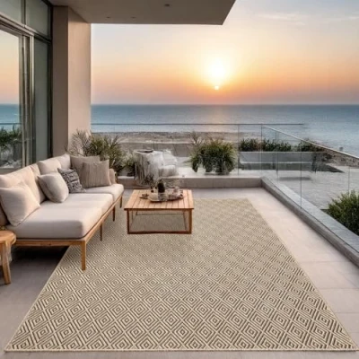 Afbeelding van Jute look vloerkleed voor binnen en buiten 160x230 cm Rechthoek Laagpolig natuurlijke tuin, balkon, terras of indoor kleed buitentapijt tuintapijt KANSAS by The Carpet