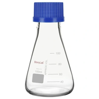 Afbeelding van stonylab Erlenmeyer Kolf met Blauwe Schroefdop, Afgeschuinde van Laboratoriumborosilicaatglas Maatverdeling, 100 ml