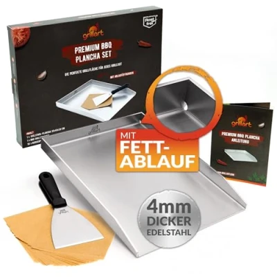 Afbeelding van grillart® Premium Plancha grillplaat met grillspatel van massief 4 mm roestvrij staal 30 x 40 cm universele maat, ook geschikt voor inductie vaatwasmachinebestendig en gemaakt in