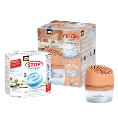 Afbeelding van Pattex AERO 360 compacte luchtontvochtiger Peach Colour Collection en 3 navullingstabletten van 450 g, vermindert vocht nare geurtjes, apparaat incl.