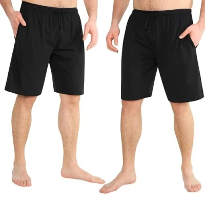 Afbeelding van Pyjama shorts voor heren, comfortabele loungeshorts met zakken, verpakking van 2 stuks, Zwart/Zwart, M