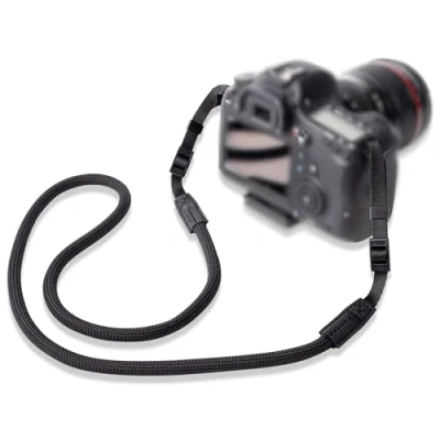 Afbeelding van LENS AID Camerariem in touw look 100 cm als nek of schouderband voor het dragen van een camera verschillende fabrikanten Zwart met band. Eén maat