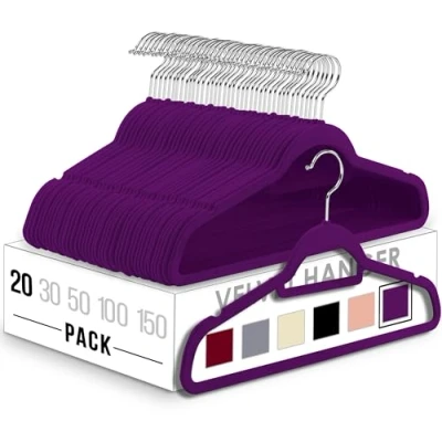 Afbeelding van Utopia Home Hoogwaardige Fluwelen Kledinghangers (Pakket van 20) Slipvaste voor Intensief Gebruik met Bindstaaf Sterk genoeg om Jassen &amp; Hoodies vast te houden (Paars)
