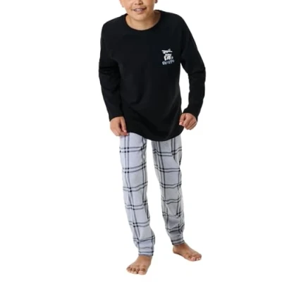 Afbeelding van Schiesser Jongenspyjama, warme kwaliteit badstof fleece interlock maat 140 tot 176 pyjamaset, Zwart_182000,