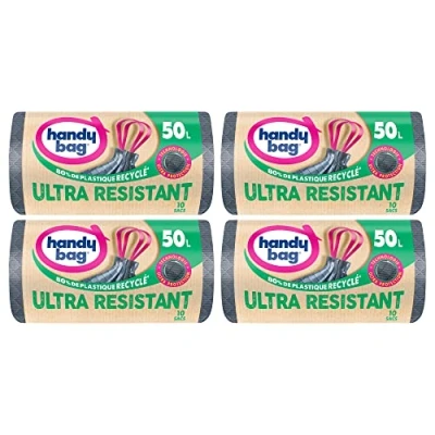 Afbeelding van Handy bag Set van 4 rollen à 10 vuilniszakken, 50 l, ultra resistent, 80% gerecyclede kunststof, sluiting met duwstang, technologie bescherming, 3 laags, lekvrij