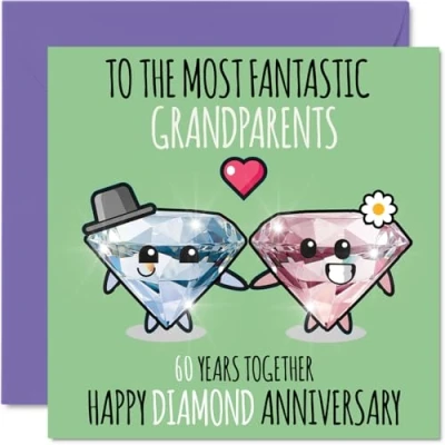 Afbeelding van Leuke diamanten verjaardagskaart voor grootouders 60 jaar samen Gelukkige 60e huwelijksverjaardag kaarten oppas opa oma, 145 mm x wenskaarten zestigste jubilea