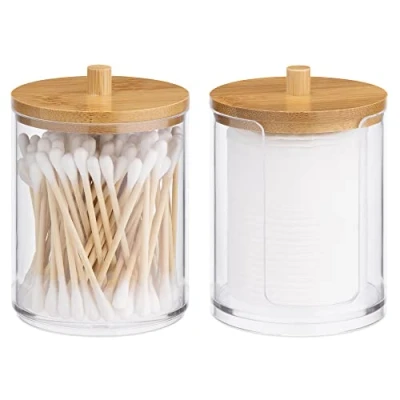 Afbeelding van Navaris 2x wattenschijfjeshouder met Deksel Houder voor watten, wattenstaafjes of sieraden van bamboe 7 x 10 cm praktische opening