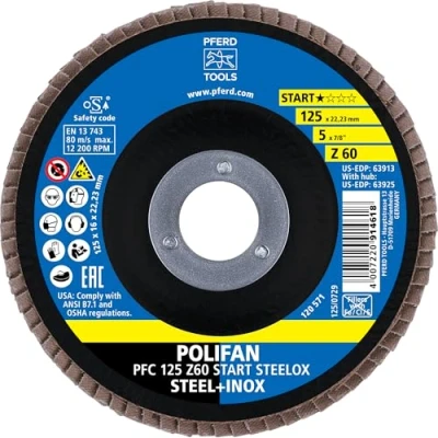 Afbeelding van PFERD POLIFAN Z BOX 10 x lamellenschijven 125 mm, Z60, 22,23 mm boring, 69300935 voor hoge verspaningsprestaties en een solide levensduur op staal roestvrij (inox)