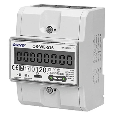 Afbeelding van ORNO WE 516 3 fase meertarief energiemeter met RS 485, 80A stroomvoorziening: 3x230V/400 AC, 50 60Hz, huidig: 5(80)A, pulse frequency: 1000 imp/kWh, signalering lezen: knipperend LCD, installatie rail: DIN TH 35mm MID Certificaat