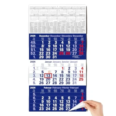 Afbeelding van TOBJA 3 maandenkalender 2025, wandkalender met schuiver, blauwe kalender FSC gecertificeerd, schoolvakanties, feestdagen en jaaroverzicht, groot formaat 56 x 30 cm (gevouwen!)